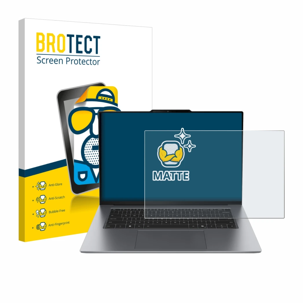 Face avant d’un emballage produit avec le logo de la marque BROTECT. À côté, l’appareil Lenovo ThinkPad X9-15p Gen 1 Aura Edit