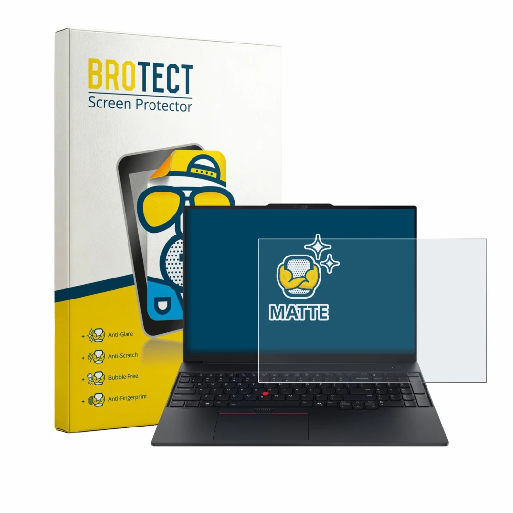 Face avant d’un emballage produit avec le logo de la marque BROTECT. À côté, l’appareil Lenovo ThinkPad E16 Gen 4 est représen