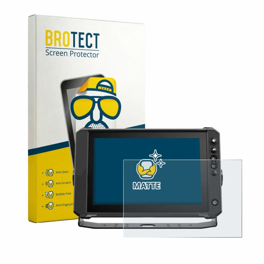 Face avant d’un emballage produit avec le logo de la marque BROTECT. À côté, l’appareil Lowrance Elite FS 12 est représenté av