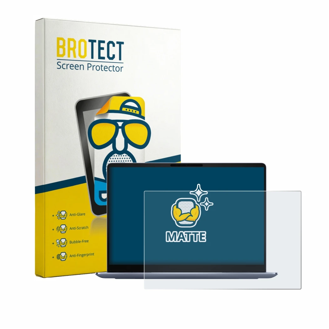 Face avant d’un emballage produit avec le logo de la marque BROTECT. À côté, l’appareil Dell 14S DS14260 est représenté avec l