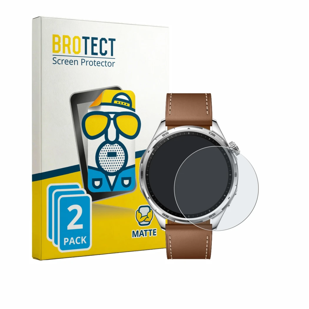 Face avant d’un emballage produit avec le logo de la marque BROTECT. À côté, l’appareil Honor Watch 6 est représenté avec la p