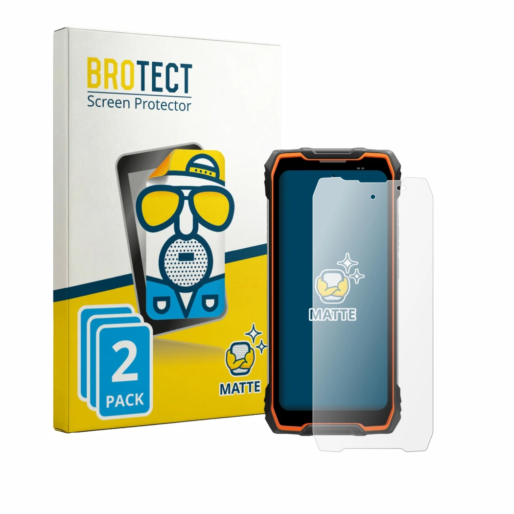 Face avant d’un emballage produit avec le logo de la marque BROTECT. À côté, l’appareil Blackview Rock 2 est représenté avec l