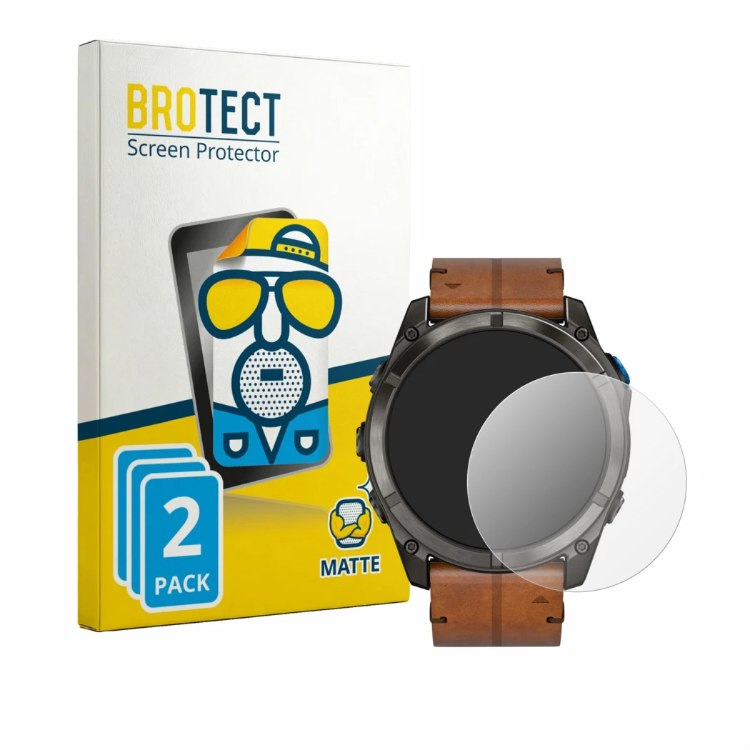 Face avant d’un emballage produit avec le logo de la marque BROTECT. À côté, l’appareil Garmin D2 Mach 2 Pro (51 mm) est repré