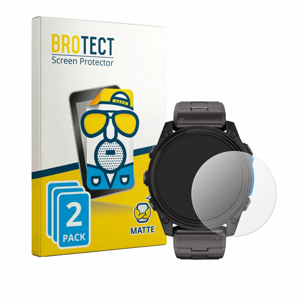 Face avant d’un emballage produit avec le logo de la marque BROTECT. À côté, l’appareil Garmin D2 Mach 2 (51 mm) est représent