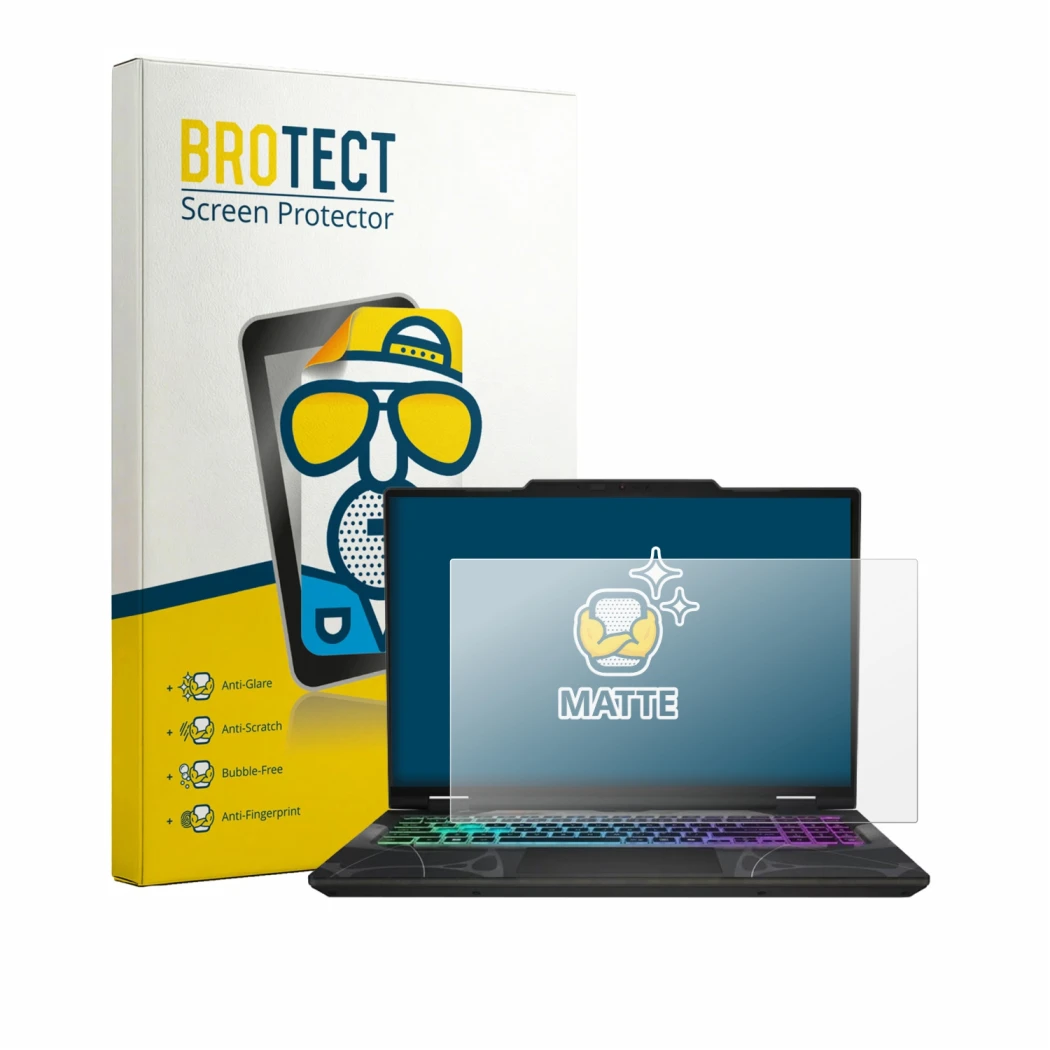 Face avant d’un emballage produit avec le logo de la marque BROTECT. À côté, l’appareil MSI Cyborg 15 B13W est représenté avec