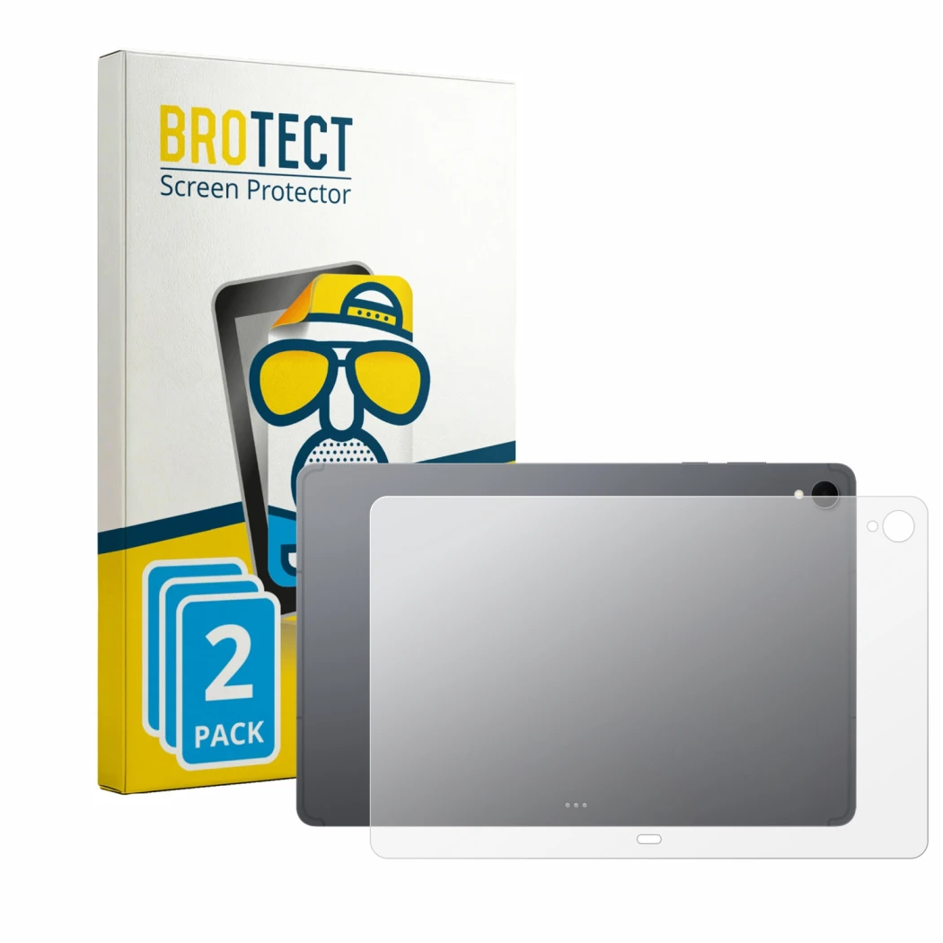 Face avant d’un emballage produit avec le logo de la marque BROTECT. À côté, l’appareil Samsung Galaxy Tab S12 Plus (Arrière) 