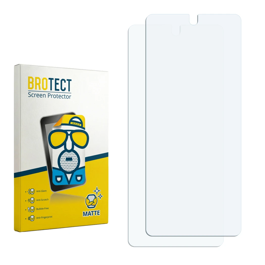 Face avant d’un emballage produit avec le logo de la marque BROTECT. À côté se trouve la protection d’écran correspondante.