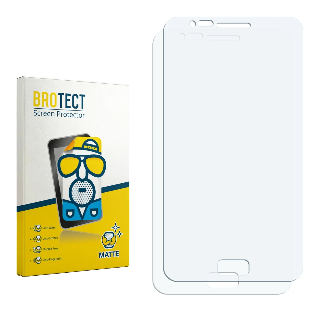 Face avant d’un emballage produit avec le logo de la marque BROTECT. À côté se trouve la protection d’écran correspondante.