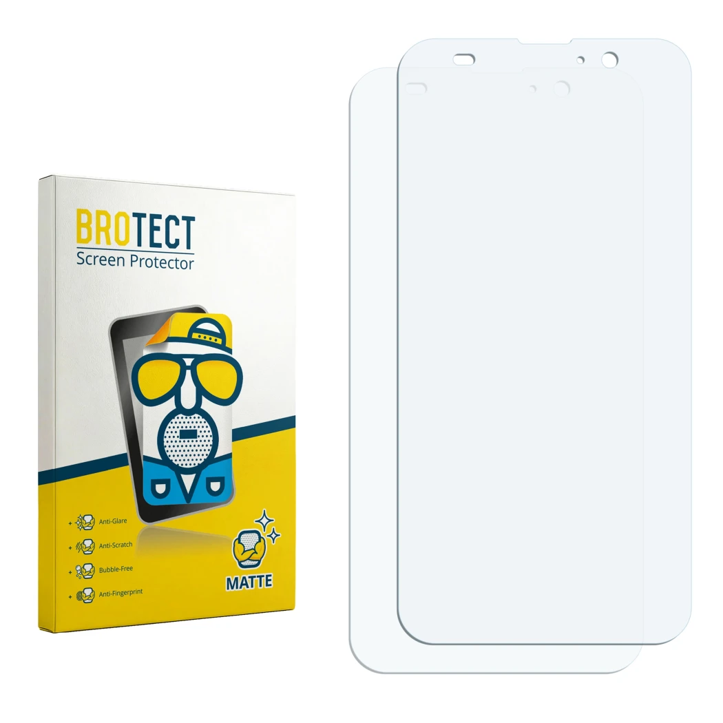 Face avant d’un emballage produit avec le logo de la marque BROTECT. À côté se trouve la protection d’écran correspondante.