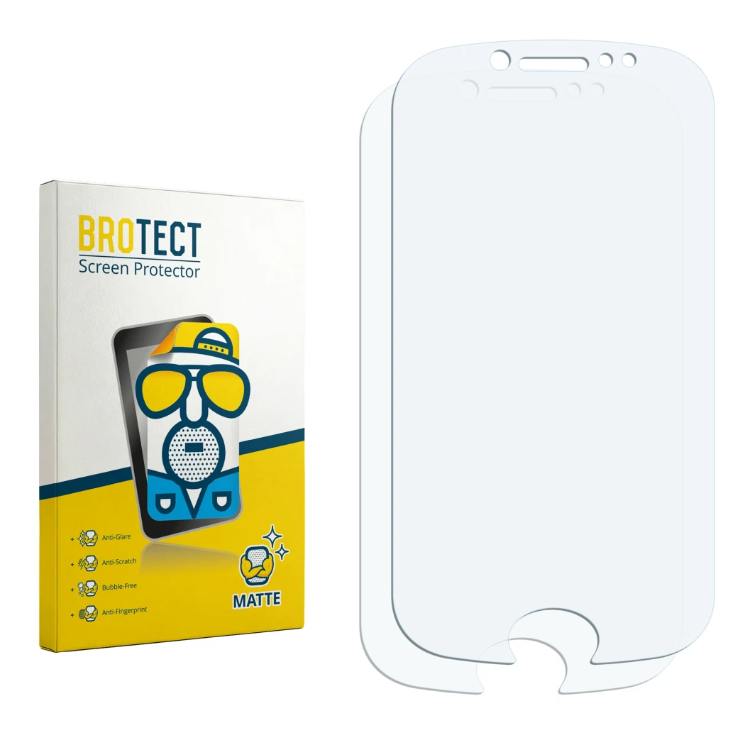 Face avant d’un emballage produit avec le logo de la marque BROTECT. À côté se trouve la protection d’écran correspondante.