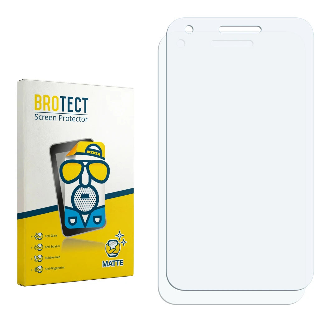 Face avant d’un emballage produit avec le logo de la marque BROTECT. À côté se trouve la protection d’écran correspondante.