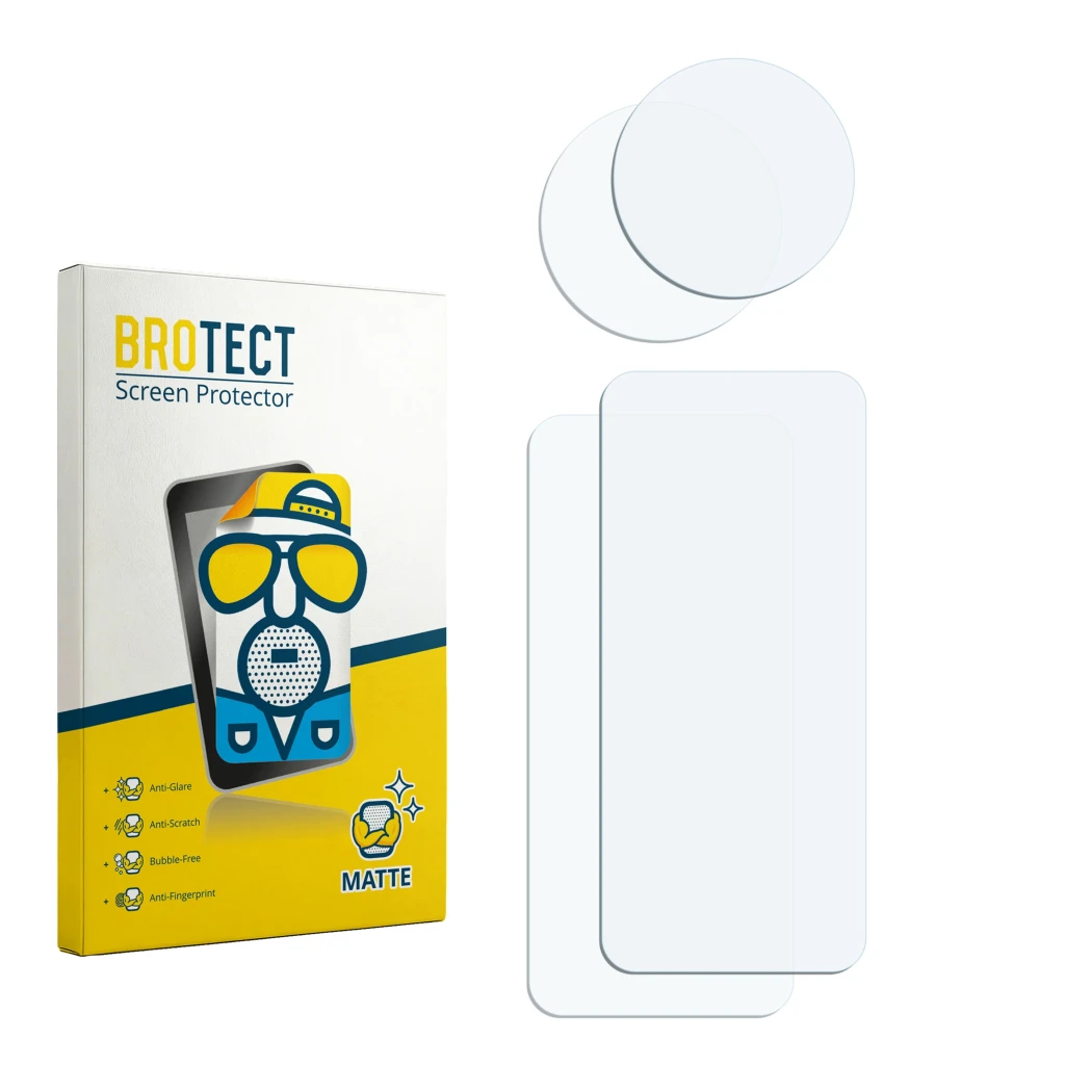 Face avant d’un emballage produit avec le logo de la marque BROTECT. À côté se trouve la protection d’écran correspondante.