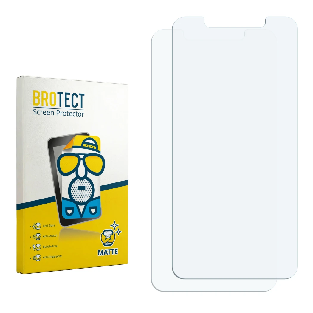 Face avant d’un emballage produit avec le logo de la marque BROTECT. À côté se trouve la protection d’écran correspondante.