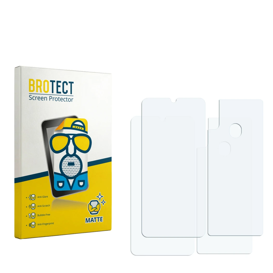 Face avant d’un emballage produit avec le logo de la marque BROTECT. À côté se trouve la protection d’écran correspondante.