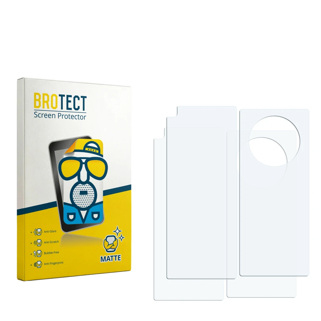 Face avant d’un emballage produit avec le logo de la marque BROTECT. À côté se trouve la protection d’écran correspondante.