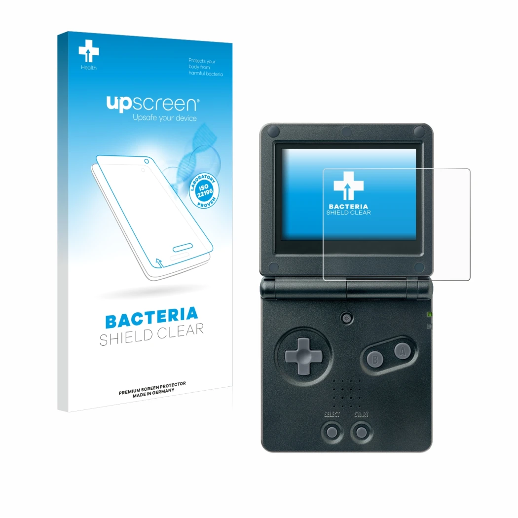 Face avant d’un emballage produit avec le logo de la marque upscreen. À côté, l’appareil Nintendo Gameboy Advance GBA SP est r