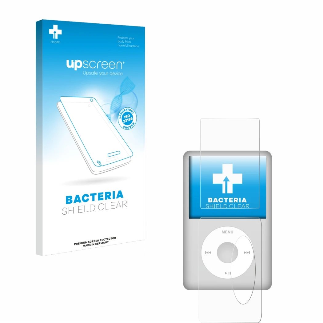 Face avant d’un emballage produit avec le logo de la marque upscreen. À côté, l’appareil Apple iPod Classic (Avant+Arrière, 5.