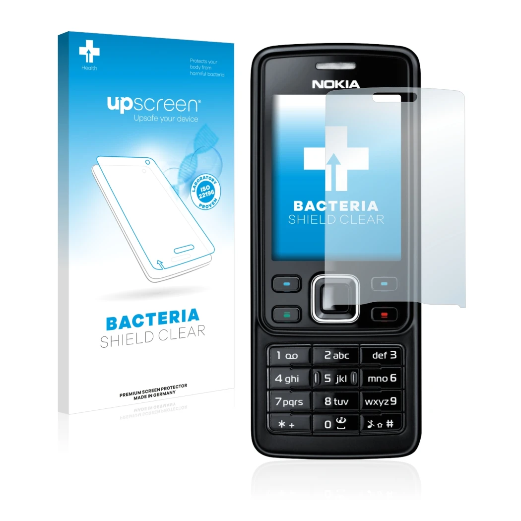 Face avant d’un emballage produit avec le logo de la marque upscreen. À côté, l’appareil Nokia 6300 2007 est représenté avec l