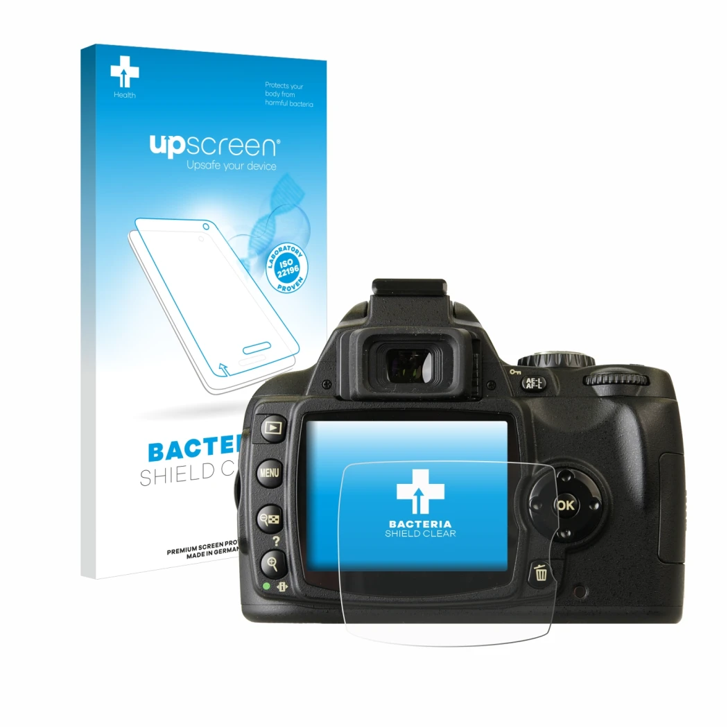 Face avant d’un emballage produit avec le logo de la marque upscreen. À côté, l’appareil Nikon D40x est représenté avec la pro