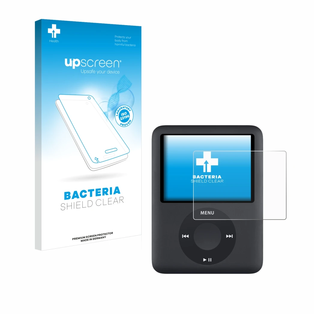 Face avant d’un emballage produit avec le logo de la marque upscreen. À côté, l’appareil Apple iPod nano (3ème Gen.) est repré