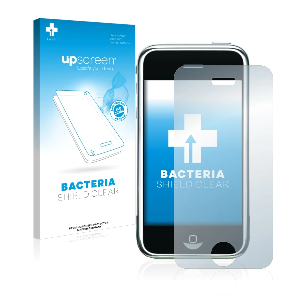 Face avant d’un emballage produit avec le logo de la marque upscreen. À côté, l’appareil Apple iPhone 2G est représenté avec l