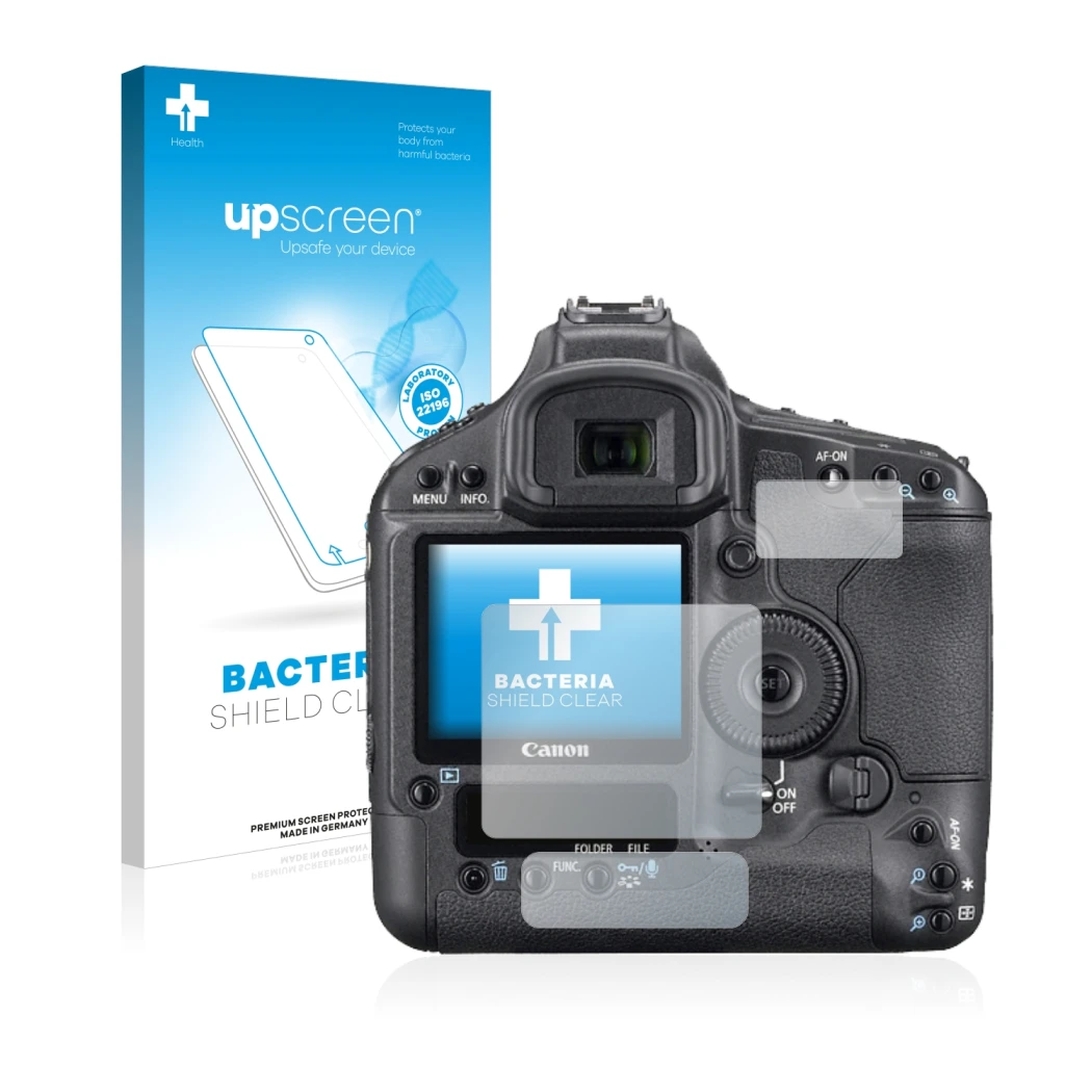 Face avant d’un emballage produit avec le logo de la marque upscreen. À côté, l’appareil Canon EOS 1Ds Mark III est représenté