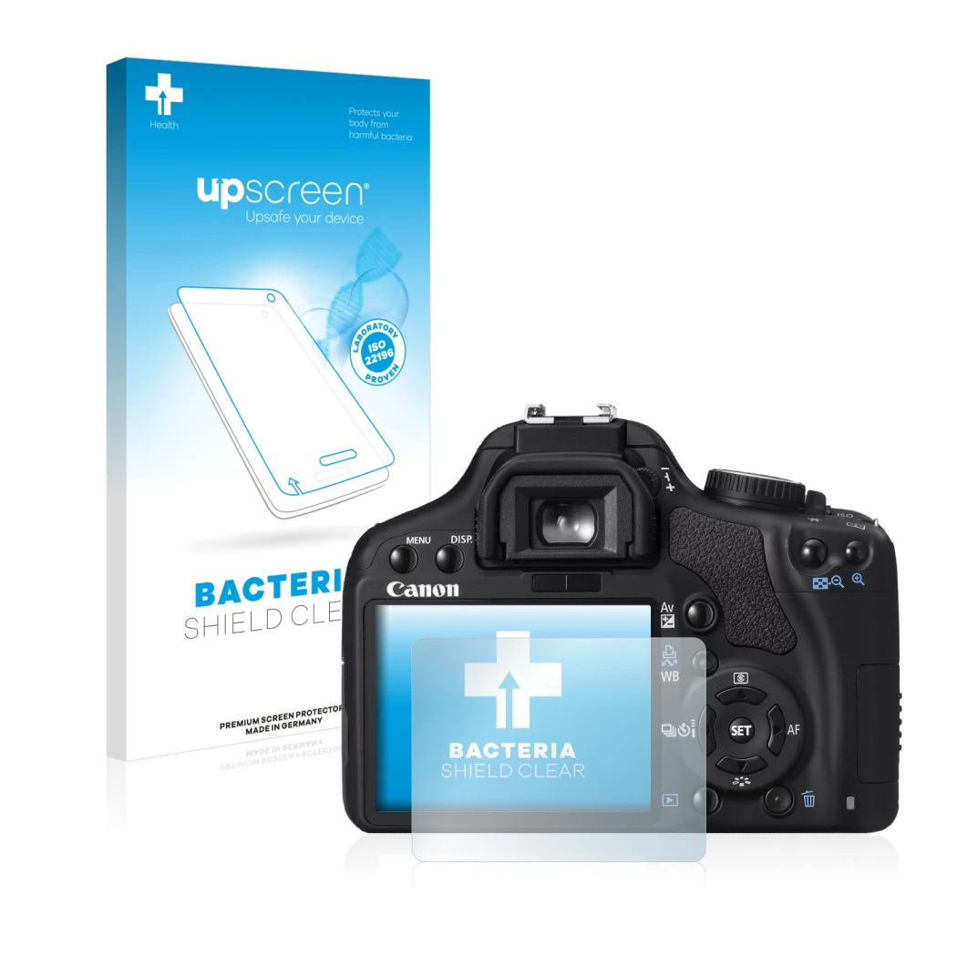Face avant d’un emballage produit avec le logo de la marque upscreen. À côté, l’appareil Canon EOS 450D est représenté avec la