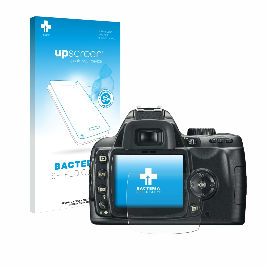 Face avant d’un emballage produit avec le logo de la marque upscreen. À côté, l’appareil Nikon D60 est représenté avec la prot