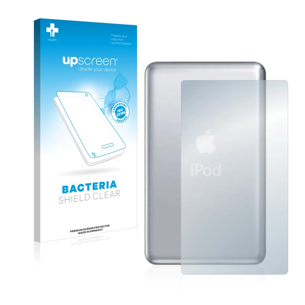 Face avant d’un emballage produit avec le logo de la marque upscreen. À côté, l’appareil Apple iPod classic 120 GB (Arrière, 7