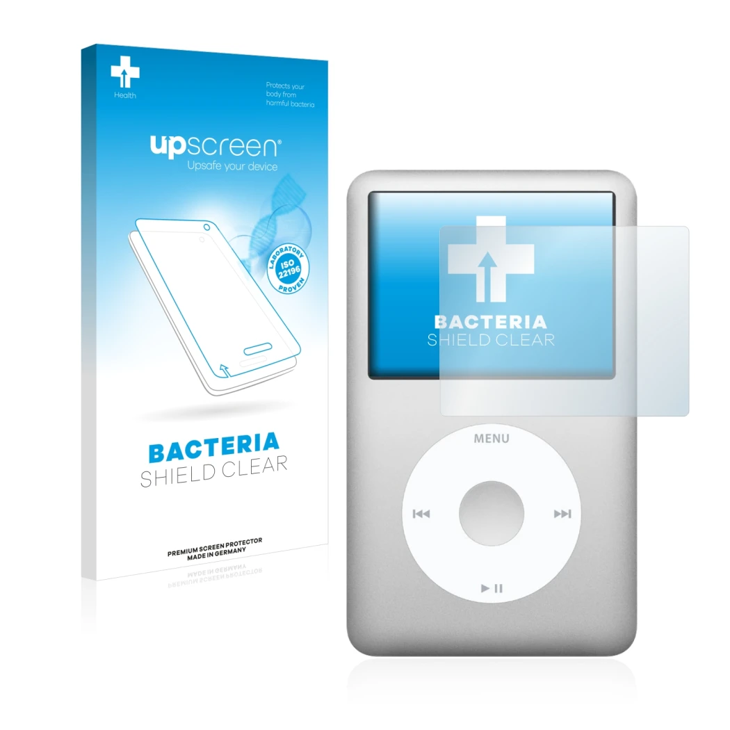 Face avant d’un emballage produit avec le logo de la marque upscreen. À côté, l’appareil Apple iPod classic 120 GB (7ème Gen.)