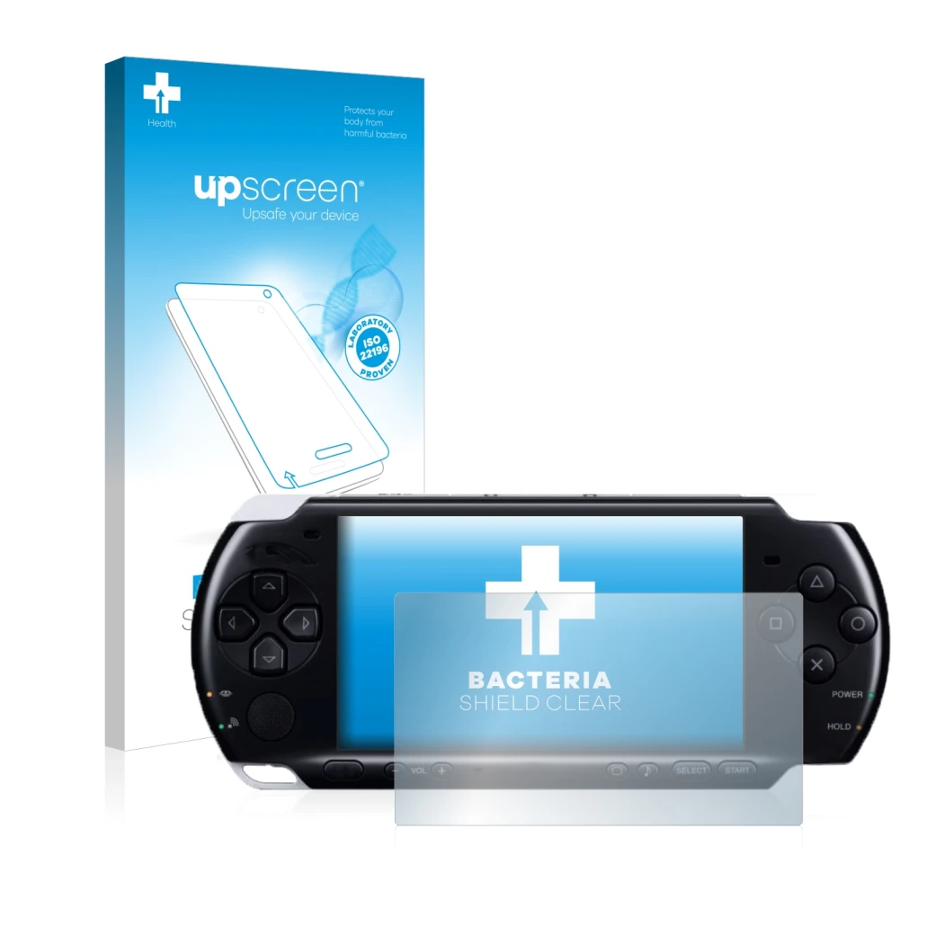 Face avant d’un emballage produit avec le logo de la marque upscreen. À côté, l’appareil Sony PSP 3004 est représenté avec la 