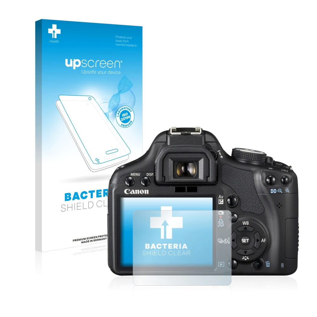 Face avant d’un emballage produit avec le logo de la marque upscreen. À côté, l’appareil Canon EOS 500D est représenté avec la