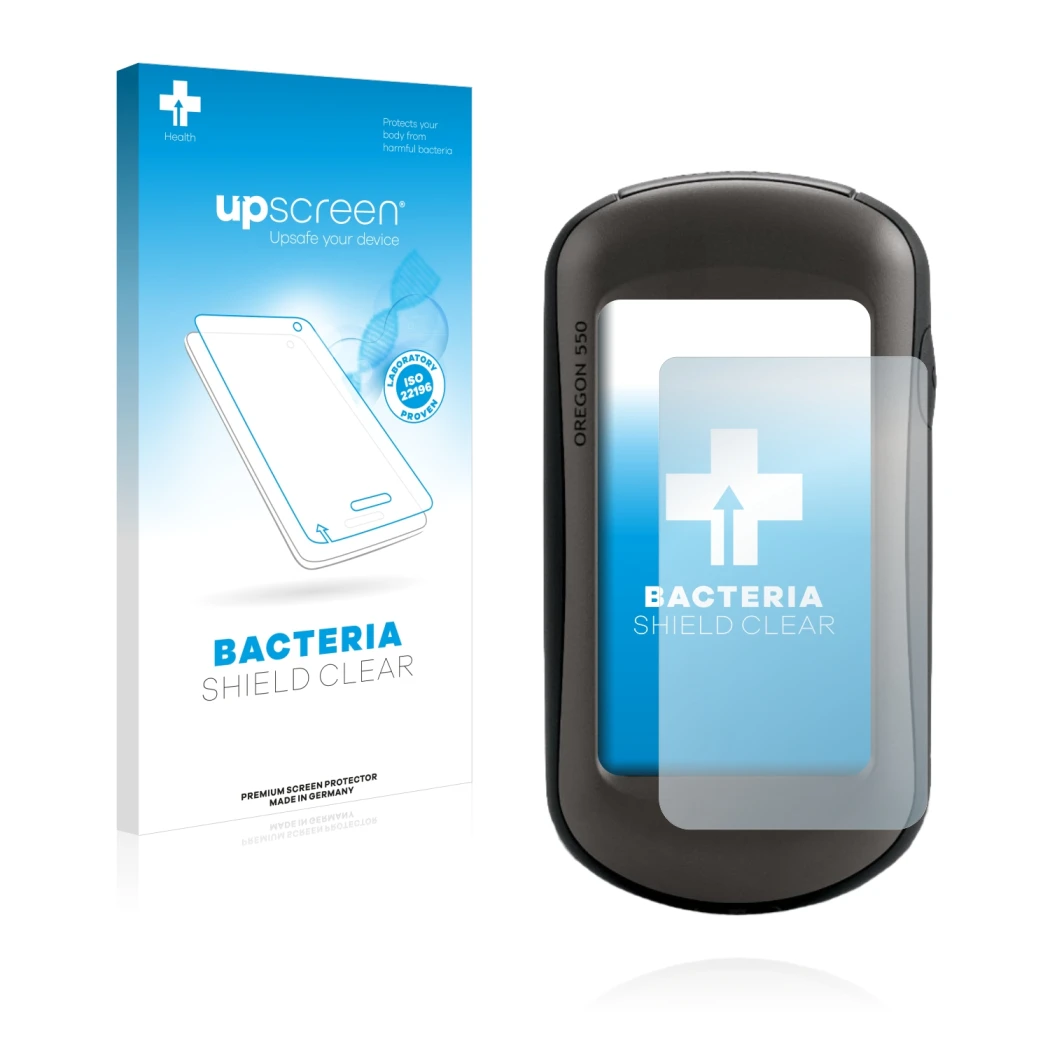 Face avant d’un emballage produit avec le logo de la marque upscreen. À côté, l’appareil Garmin Oregon 550 est représenté avec