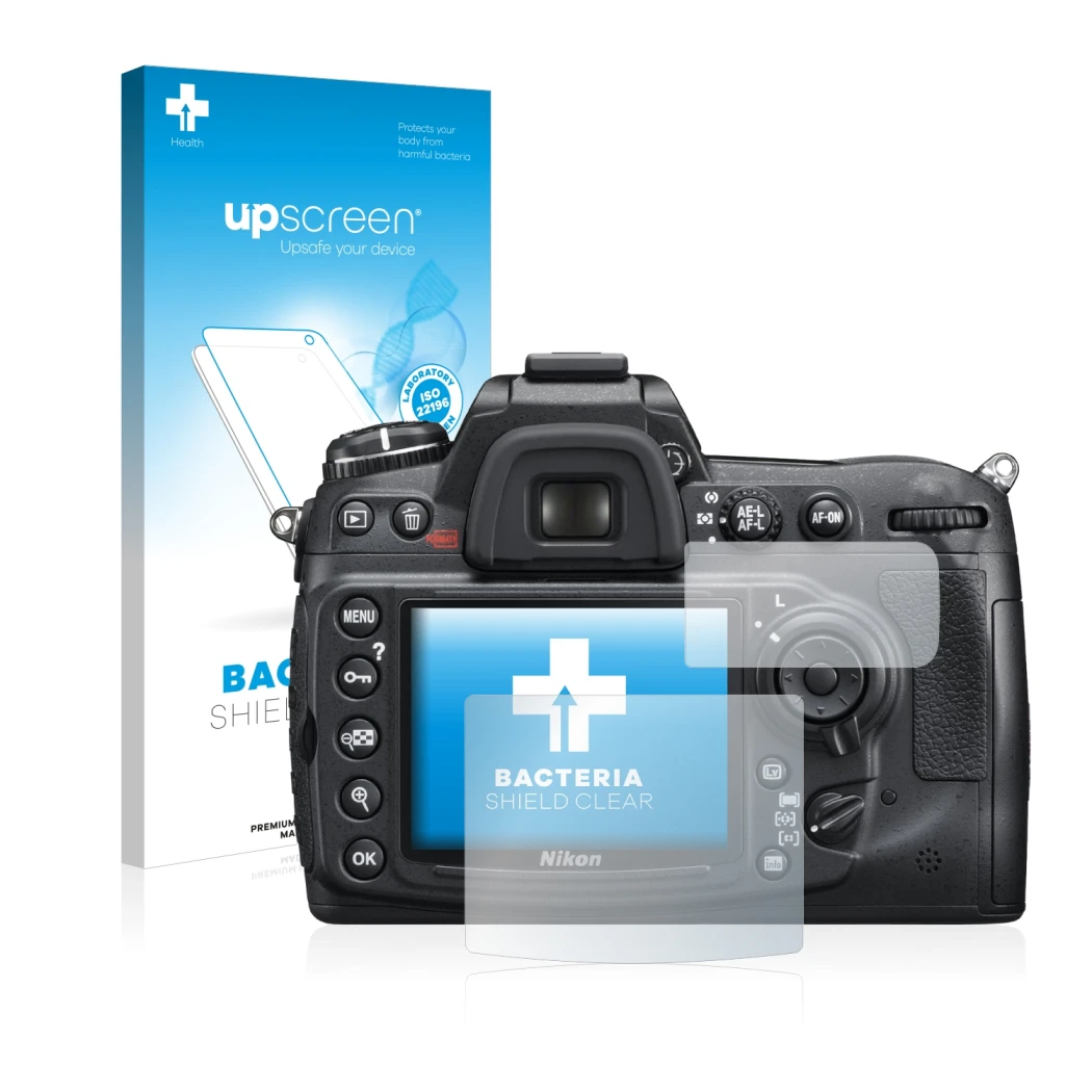 Face avant d’un emballage produit avec le logo de la marque upscreen. À côté, l’appareil Nikon D300S est représenté avec la pr