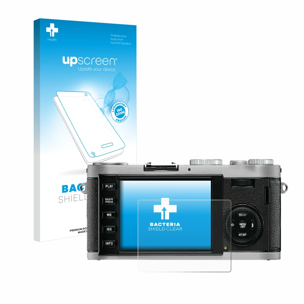 Face avant d’un emballage produit avec le logo de la marque upscreen. À côté, l’appareil Leica X1 est représenté avec la prote