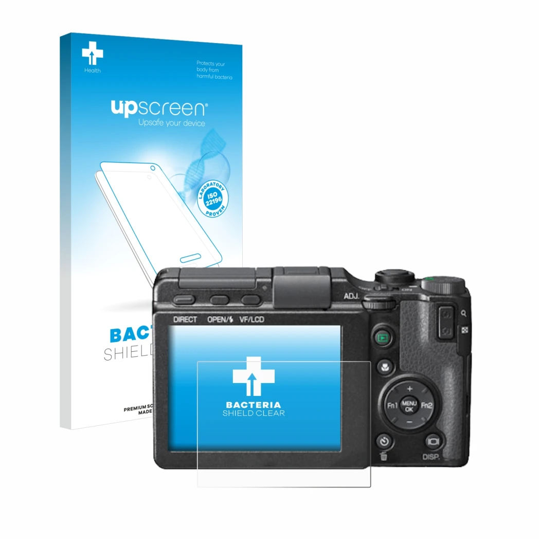 Face avant d’un emballage produit avec le logo de la marque upscreen. À côté, l’appareil Ricoh GXR est représenté avec la prot