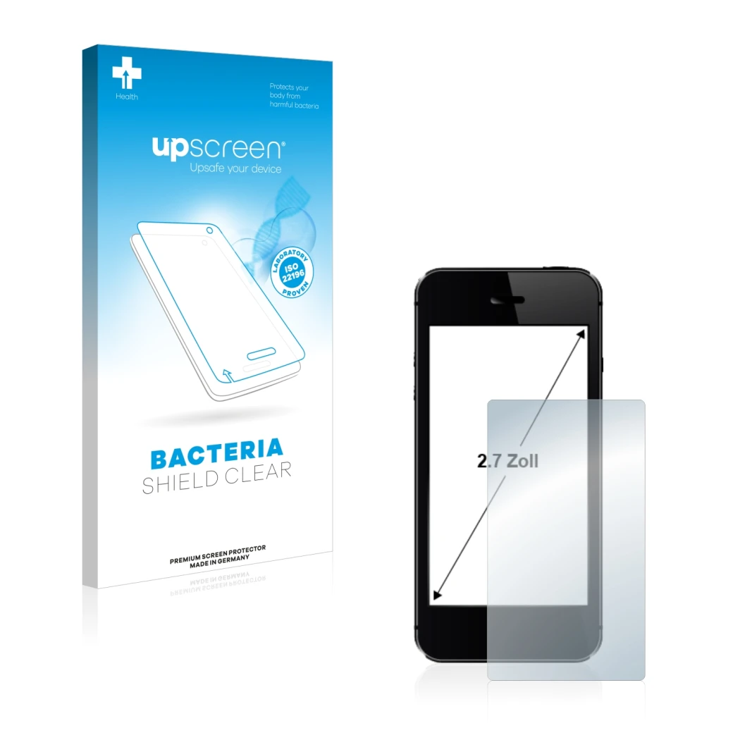 Face avant d’un emballage produit avec le logo de la marque upscreen. À côté, l’appareil est représenté avec la protection d’é