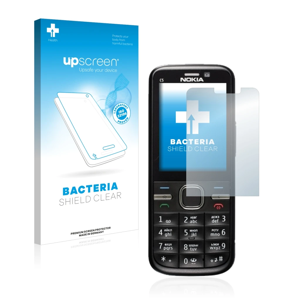Face avant d’un emballage produit avec le logo de la marque upscreen. À côté, l’appareil Nokia C5-00 est représenté avec la pr