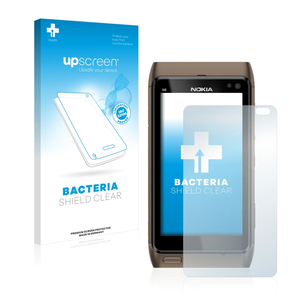 Face avant d’un emballage produit avec le logo de la marque upscreen. À côté, l’appareil Nokia n8 est représenté avec la prote