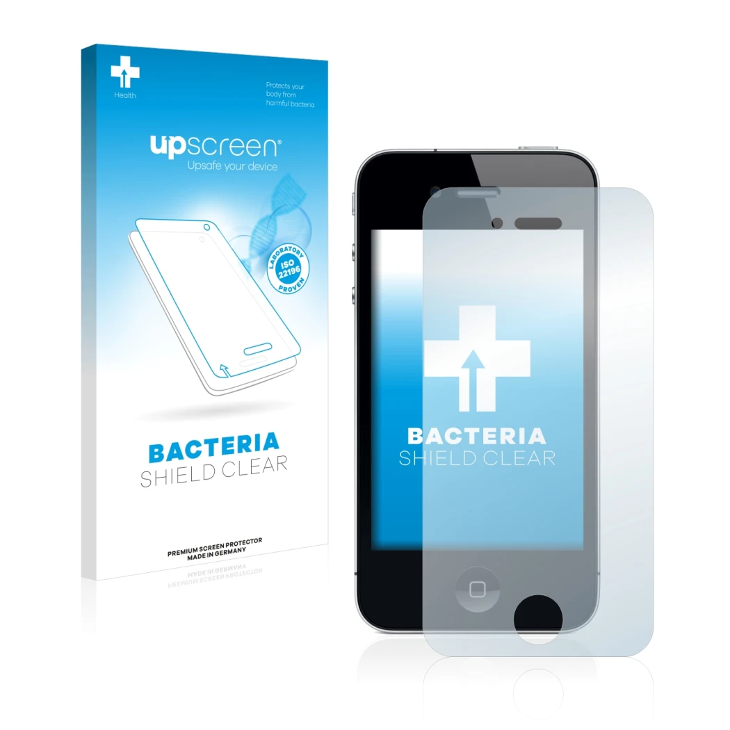 Face avant d’un emballage produit avec le logo de la marque upscreen. À côté, l’appareil Apple iPhone 4 est représenté avec la