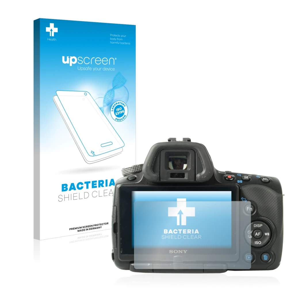 Face avant d’un emballage produit avec le logo de la marque upscreen. À côté, l’appareil Sony Alpha 55 (SLT-A55V) est représen