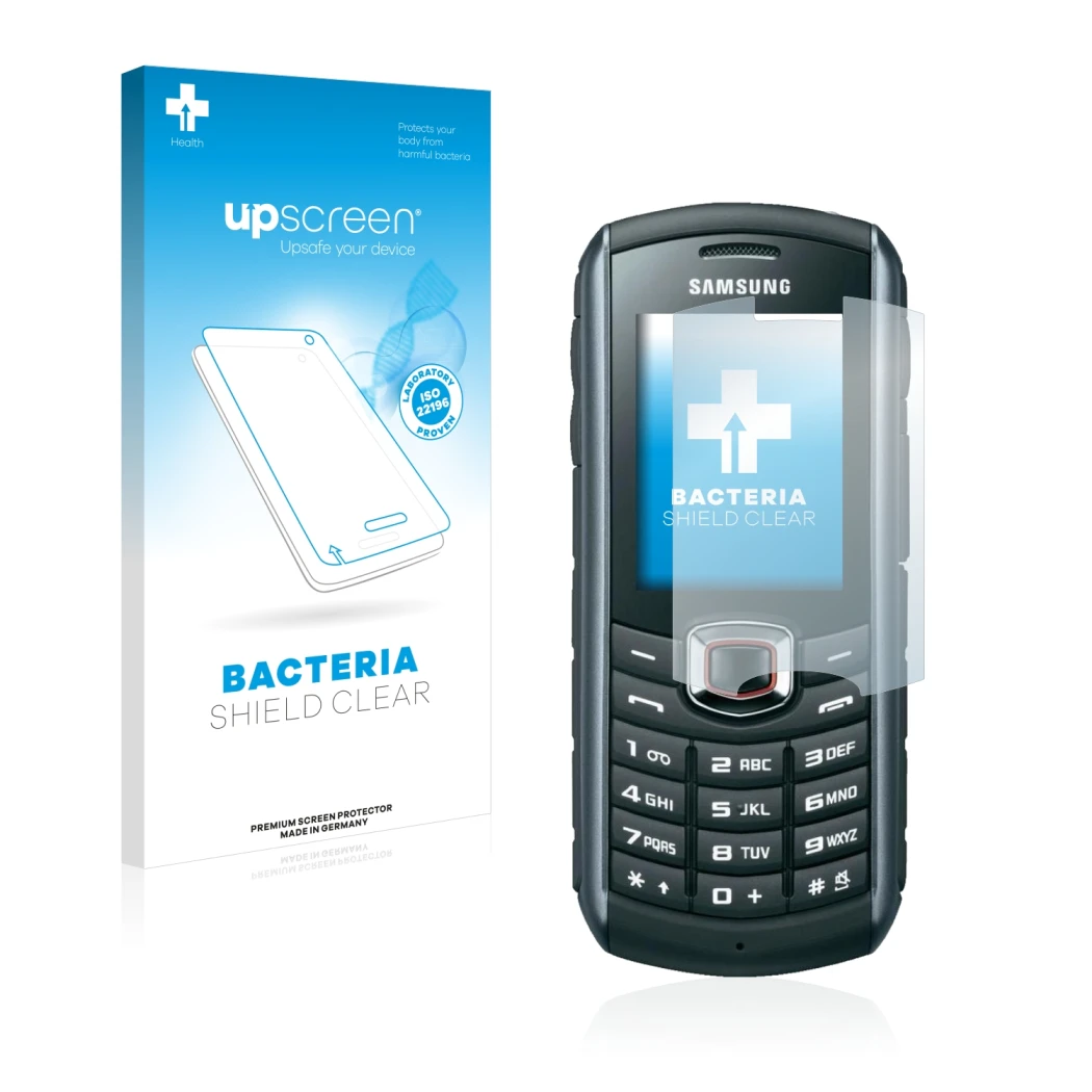 Face avant d’un emballage produit avec le logo de la marque upscreen. À côté, l’appareil Samsung B2710 est représenté avec la 