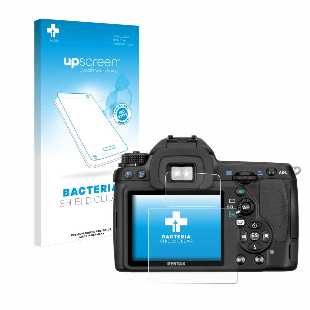 Face avant d’un emballage produit avec le logo de la marque upscreen. À côté, l’appareil Pentax K5, K-5 est représenté avec la
