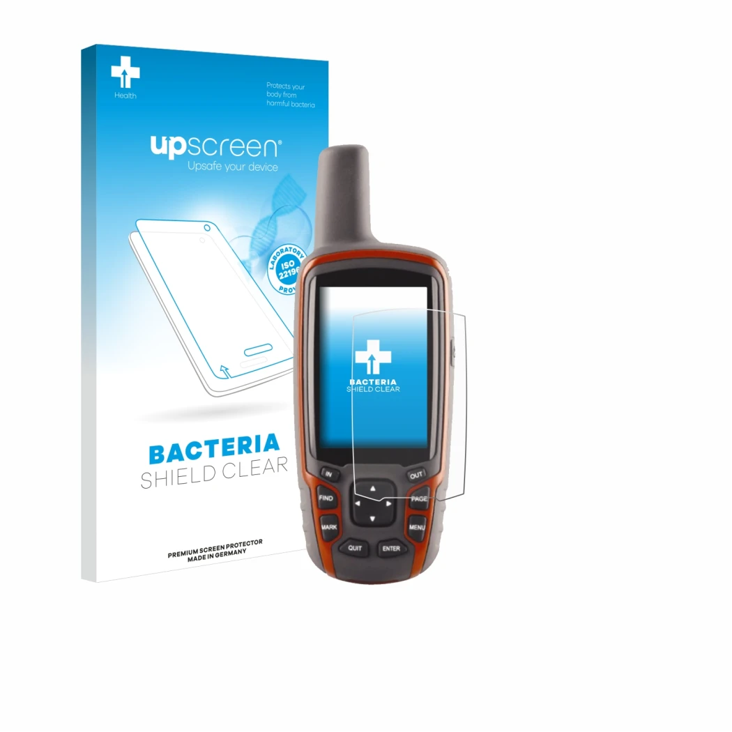 Face avant d’un emballage produit avec le logo de la marque upscreen. À côté, l’appareil Garmin GPSMAP 62s est représenté avec