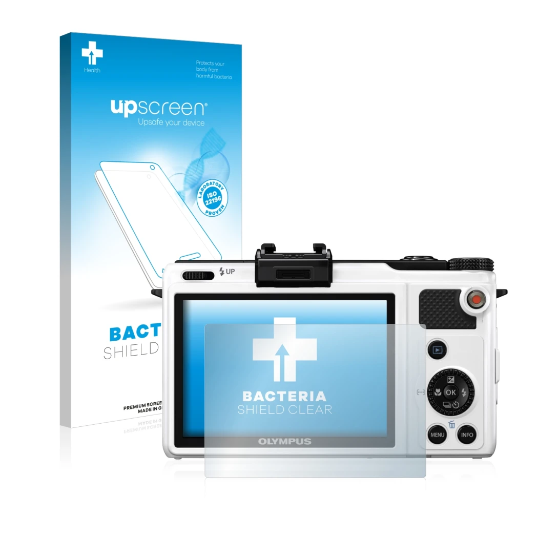 Face avant d’un emballage produit avec le logo de la marque upscreen. À côté, l’appareil Olympus XZ-1 est représenté avec la p