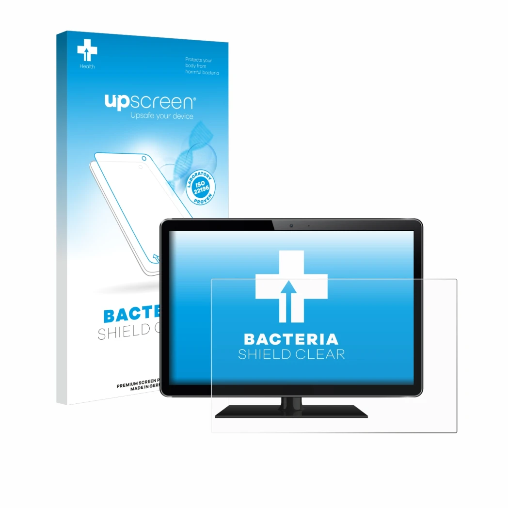 Face avant d’un emballage produit avec le logo de la marque upscreen. À côté, l’appareil est représenté avec la protection d’é