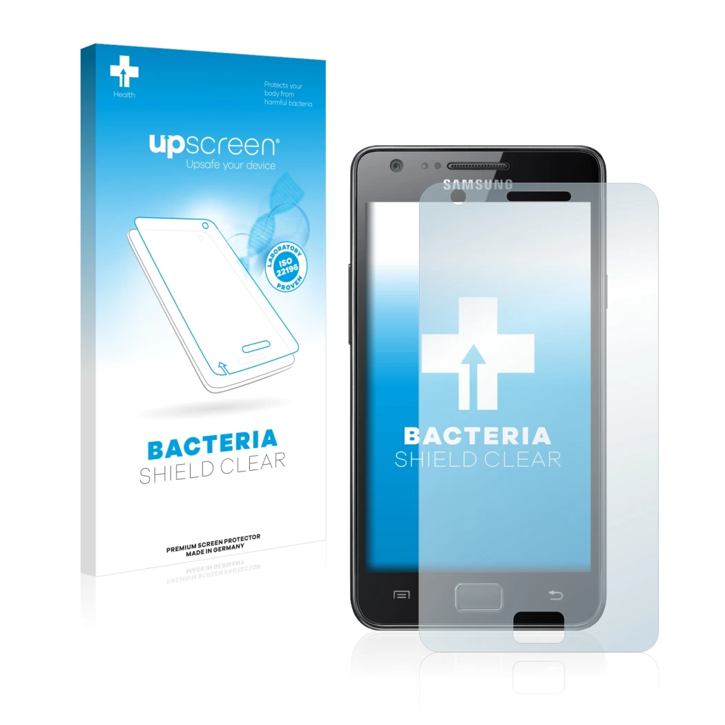 Face avant d’un emballage produit avec le logo de la marque upscreen. À côté, l’appareil Samsung Galaxy S2 est représenté avec