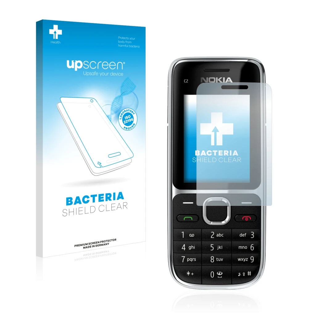 Face avant d’un emballage produit avec le logo de la marque upscreen. À côté, l’appareil Nokia C2-01 est représenté avec la pr