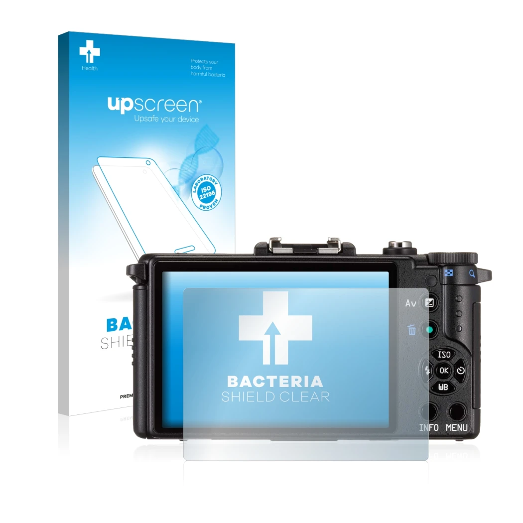Face avant d’un emballage produit avec le logo de la marque upscreen. À côté, l’appareil Pentax Q est représenté avec la prote