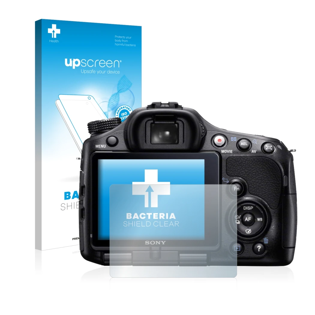 Face avant d’un emballage produit avec le logo de la marque upscreen. À côté, l’appareil Sony Alpha 65V (SLT-A65V) est représe